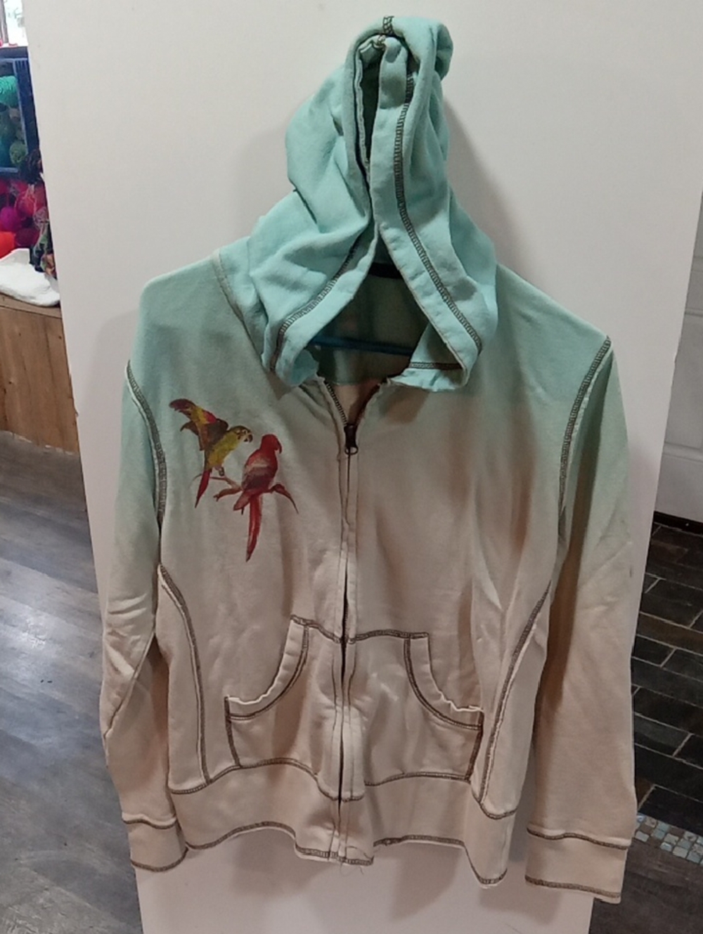 (392) Natural Reflections 100% Cotton, Teal/ Cream Parrot Distressed Zip Hoodie
